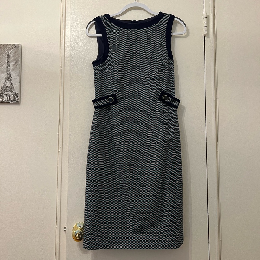 Hobbs London Work Dress Sleeveless Navy Teal Tan Pattern Buttons US Size 6